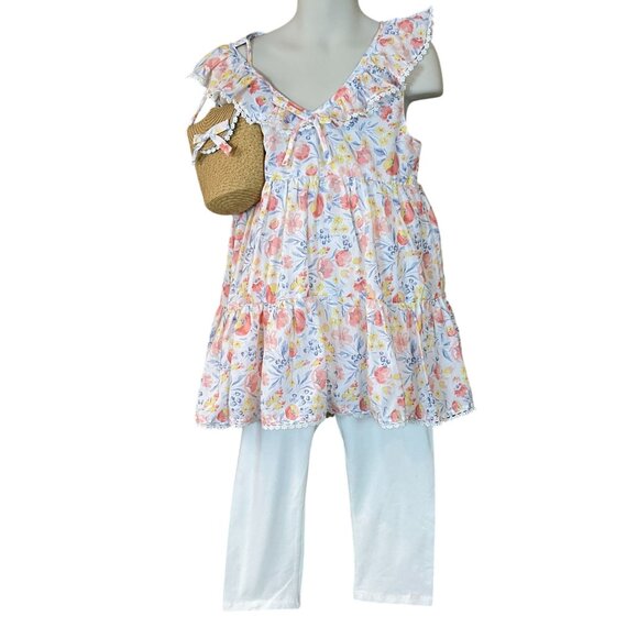 Tommy Bahama Sleeveless Floral Full Skirt Dress Cream Leggings Purse Set 8 NWT - Picture 1 of 11